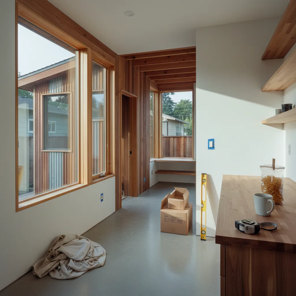 A newly constructed modern ADU in an Oakland backyard, with a small patio and drought-tolerant landscaping.