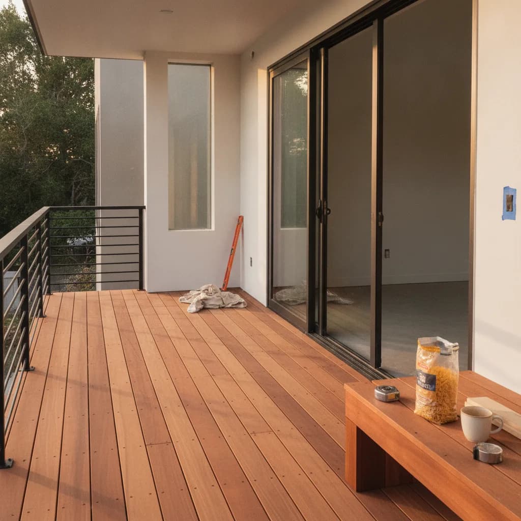A modern composite deck on an Oakland hillside home, overlooking the city with comfortable outdoor furniture.