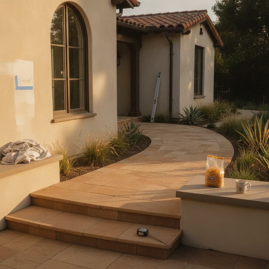 A newly installed paver walkway with clean lines and polymeric sand joints, curving through a lush garden in an Orange County home.