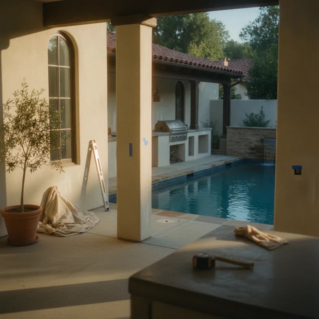 A modern rectangular saltwater pool in a Pasadena backyard at dusk, with glowing underwater lights and lush, drought-tolerant landscaping.
