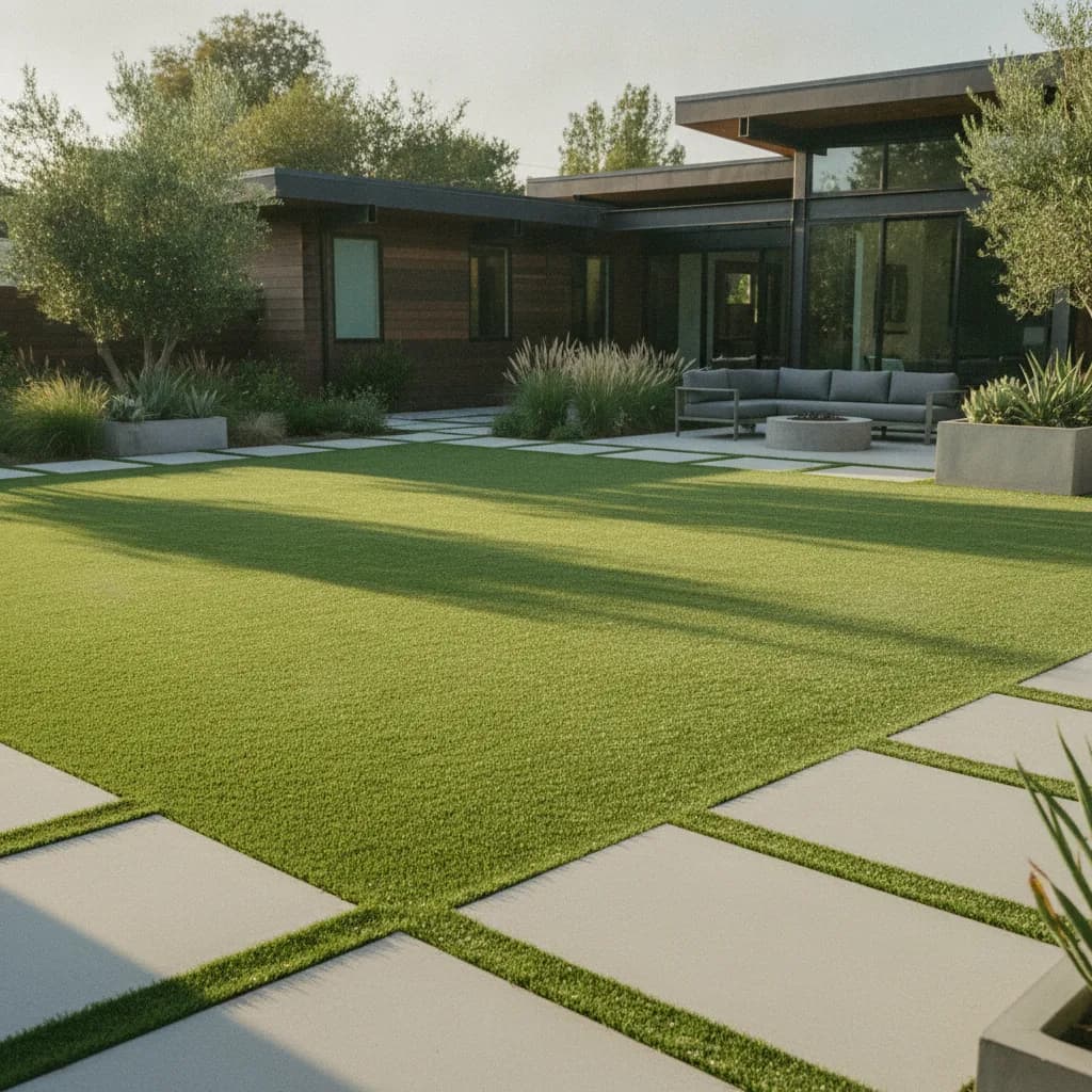 Sunny California backyard with a modern house, crisp artificial turf lawn, and clean concrete pavers forming a pathway.