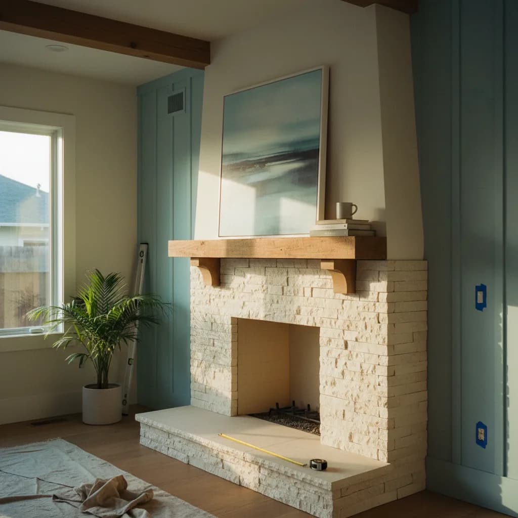 A modern outdoor fireplace with a concrete finish is the centerpiece of a cozy patio in a Long Beach home at dusk.
