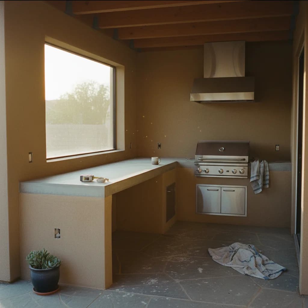 A modern outdoor kitchen in a Riverside backyard at dusk, with built-in stainless steel grill, stone veneer, and ambient lighting under a pergola.