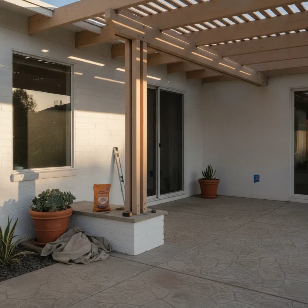 A modern cedar pergola with clean lines provides shade over a stylish outdoor seating area in a sunny Los Angeles backyard.