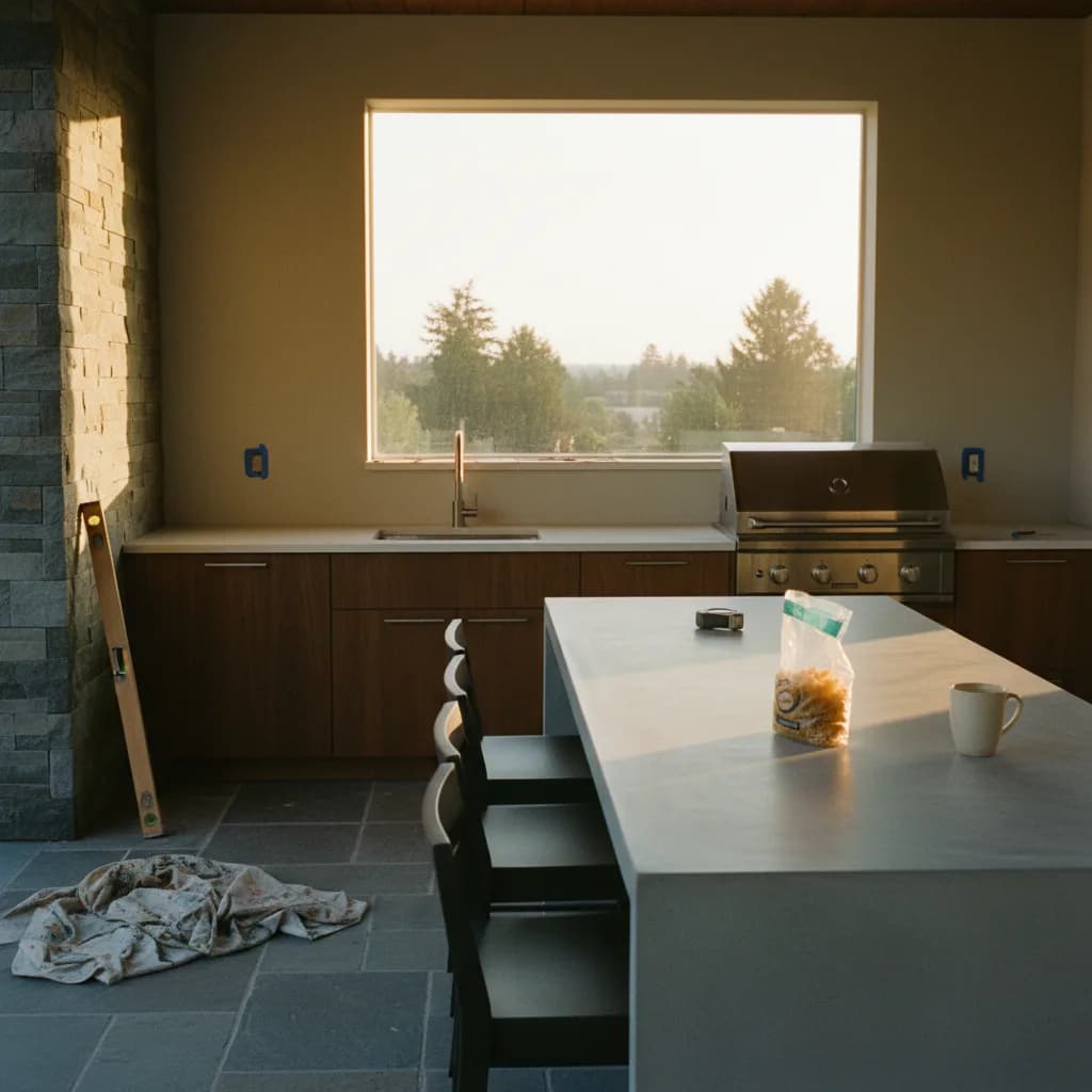 A modern outdoor kitchen in Bellevue at dusk, featuring a stainless steel grill, dark porcelain countertops, and integrated lighting under a covered patio with heaters.