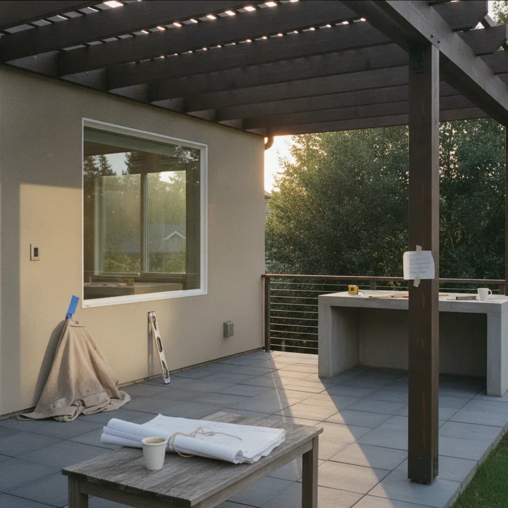 A modern, dark bronze aluminum louvered pergola in a lush Bellevue backyard, with integrated lighting casting a warm glow on the outdoor dining set below.
