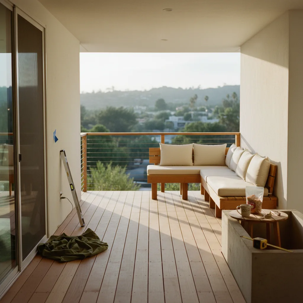 A modern Los Angeles hillside deck with steel framing, glass railings, and an integrated fire pit overlooking the city at dusk.