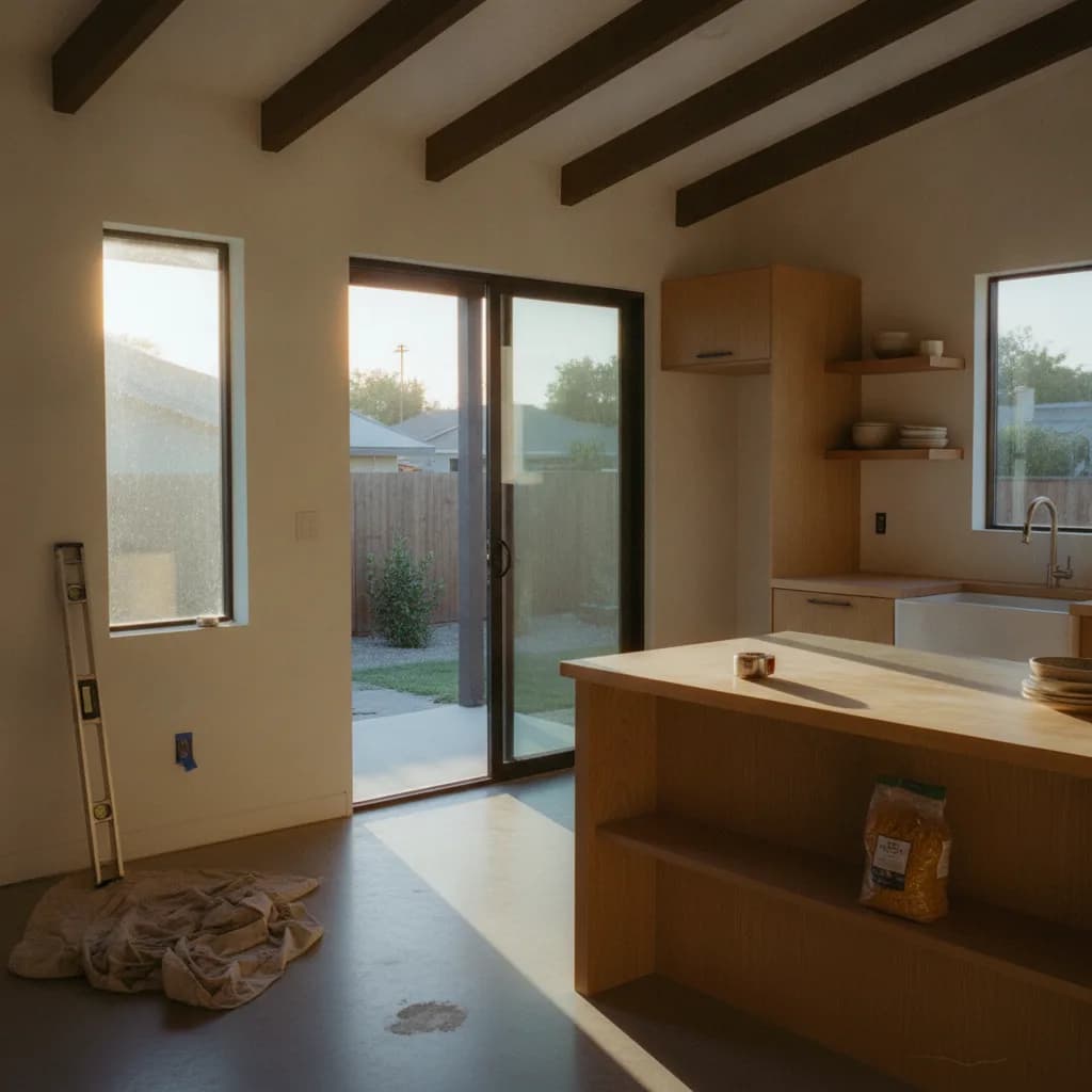 A modern, light-filled ADU in a San Diego backyard, featuring large glass sliding doors that open onto a landscaped patio with comfortable seating.