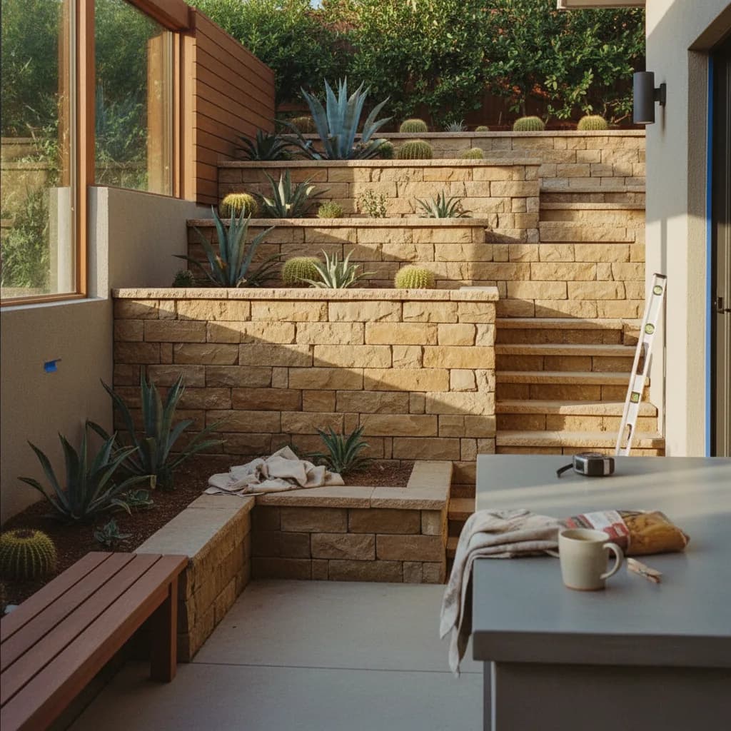 A modern, multi-tiered retaining wall in a San Jose backyard, built with dark charcoal concrete blocks and featuring integrated planter boxes and subtle landscape lighting.