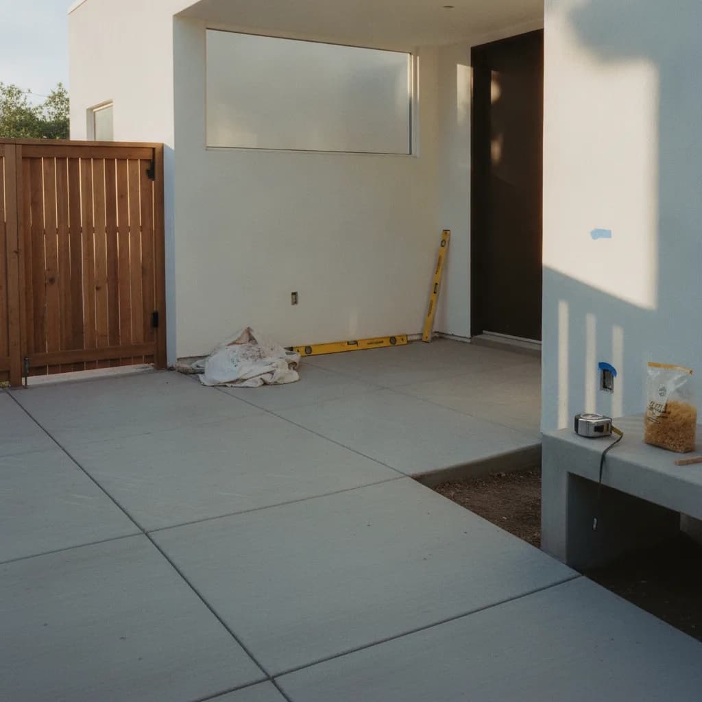 A newly installed modern concrete driveway with clean lines and drought-tolerant landscaping in a sunny Los Angeles neighborhood.