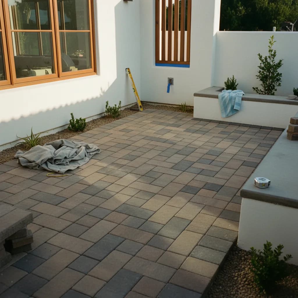 A newly completed permeable paver patio in a San Diego backyard, featuring modern gray pavers, a built-in fire pit, and drought-tolerant landscaping.
