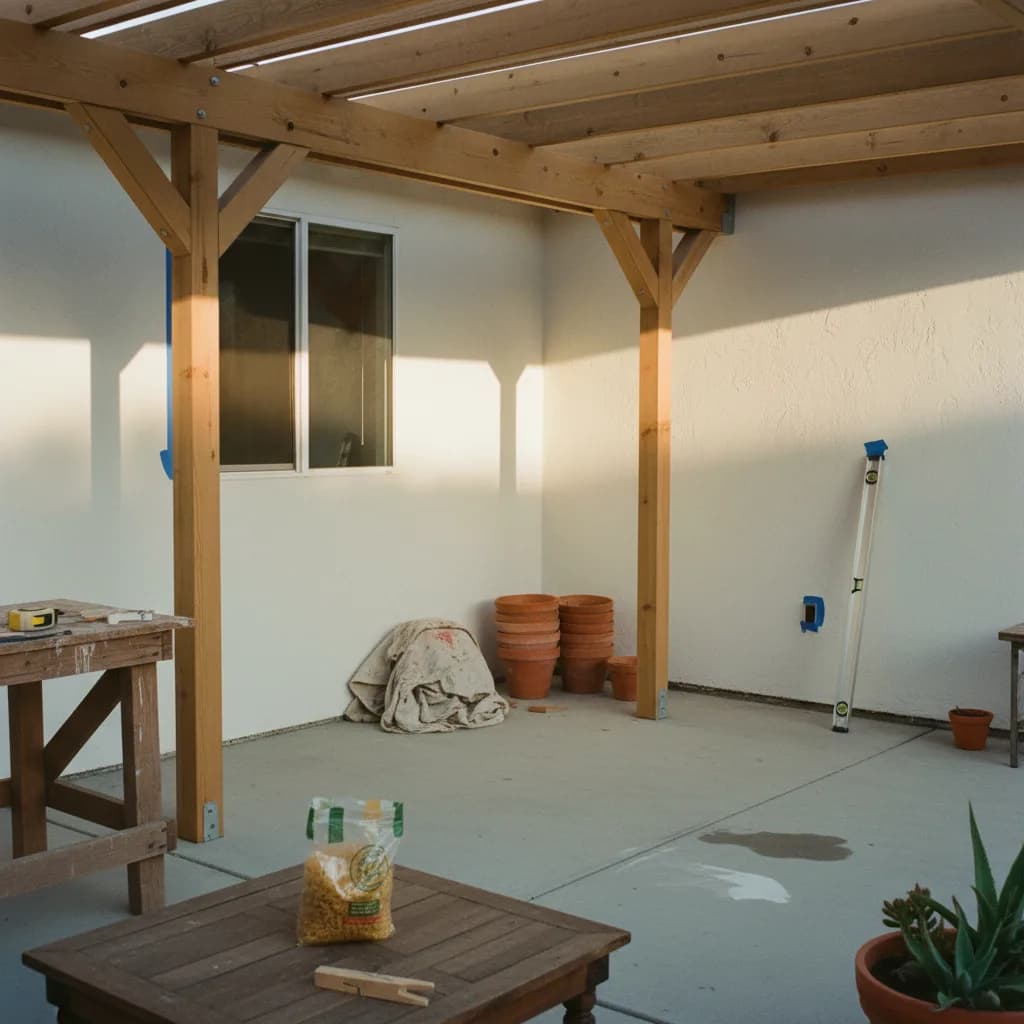 A modern, white louvered pergola in a Long Beach backyard, providing shade over a stylish outdoor dining set on a sunny day.