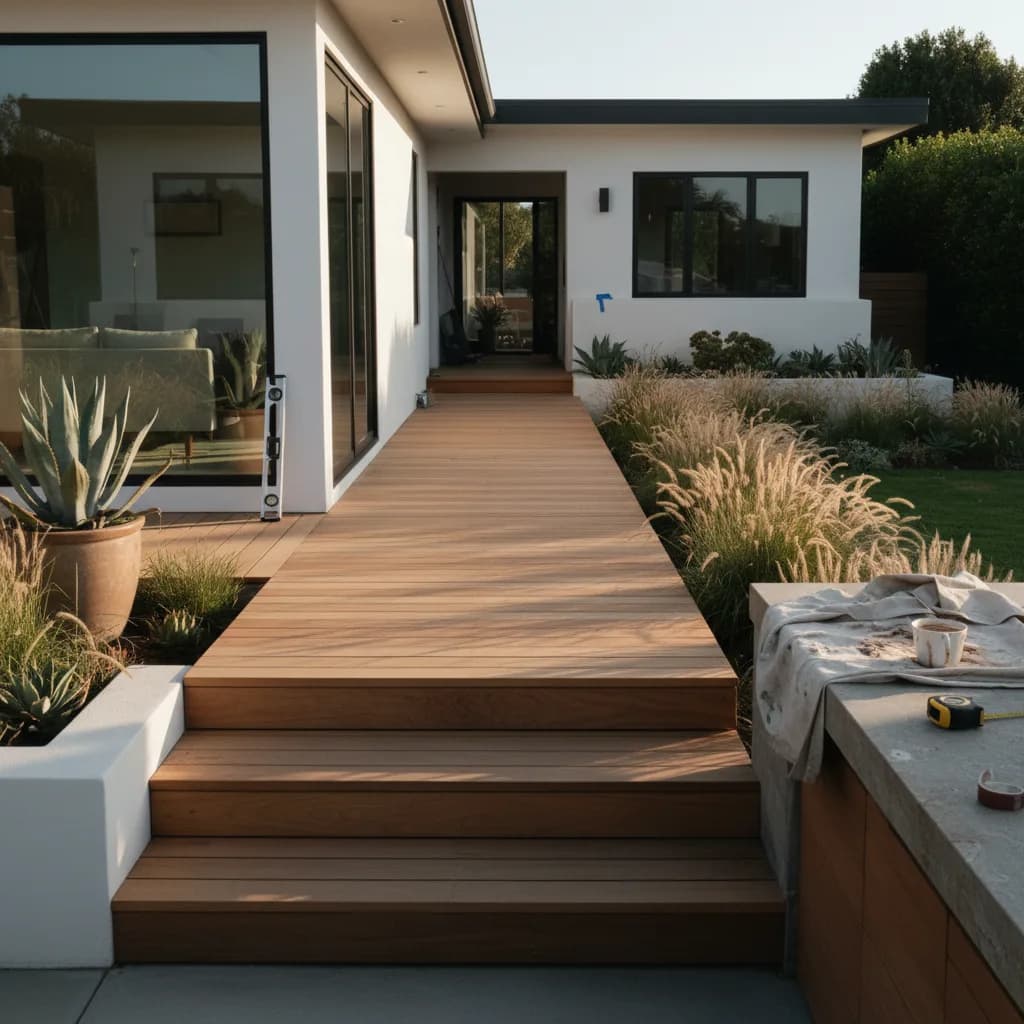 A newly completed flagstone walkway curves gently through a lush garden in a Newport Beach home, bordered by green lawn and flowering plants.