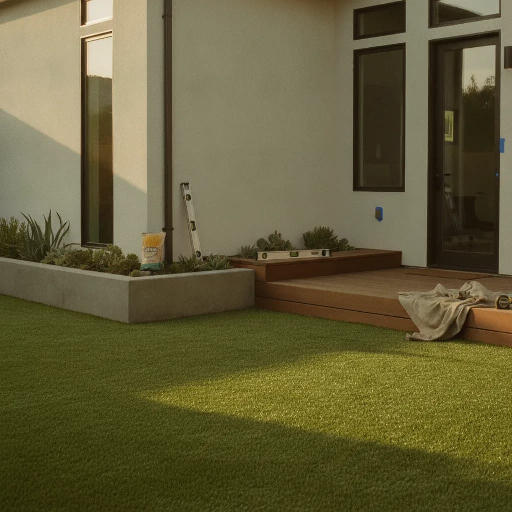 A newly installed artificial turf lawn in a modern Irvine backyard, with clean edges meeting a concrete patio.