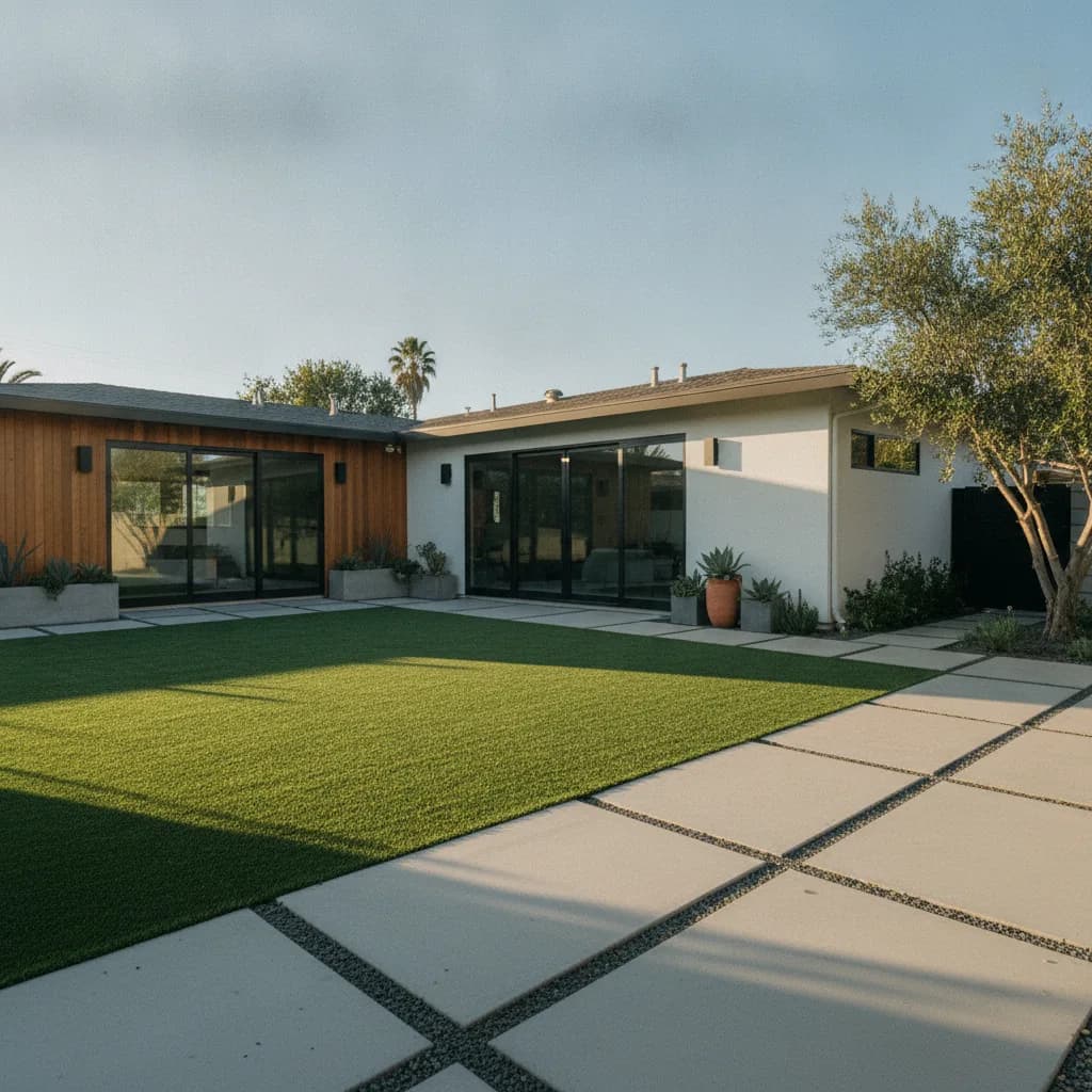 Sunny backyard with artificial turf lawn, modern concrete pavers, and a house with wood and white siding, olive tree.