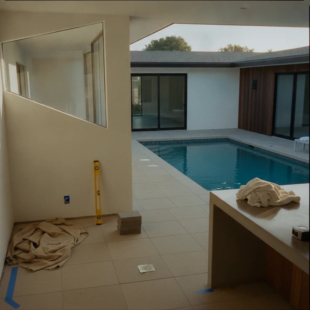 A newly completed modern rectangular inground pool in a Long Beach backyard, with clean travertine decking and integrated landscaping.
