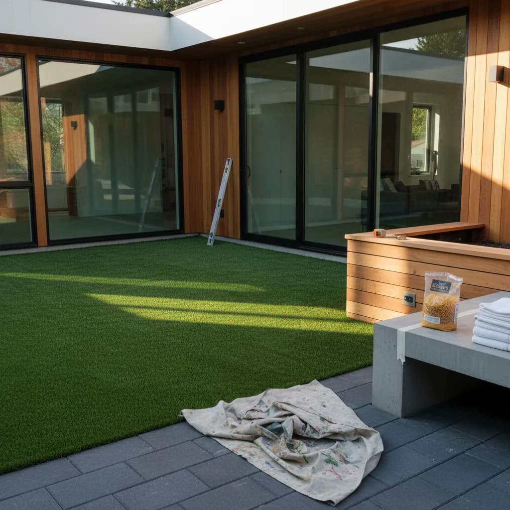 A pristine artificial turf lawn in a Bellevue backyard, surrounded by lush green trees and a modern patio set on a sunny day.