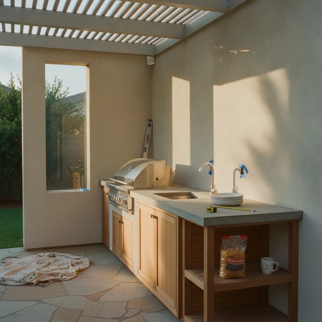 A luxurious outdoor kitchen on a California patio with a stone counter, built-in grill, bar seating, and a pergola covered in