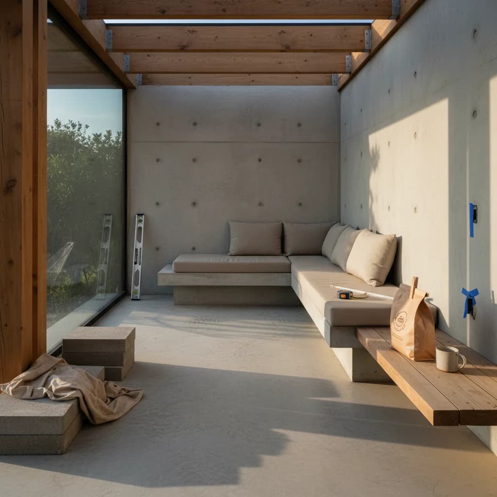 A modern concrete patio with a built-in fire pit overlooking the Pacific Ocean in Malibu at sunset.