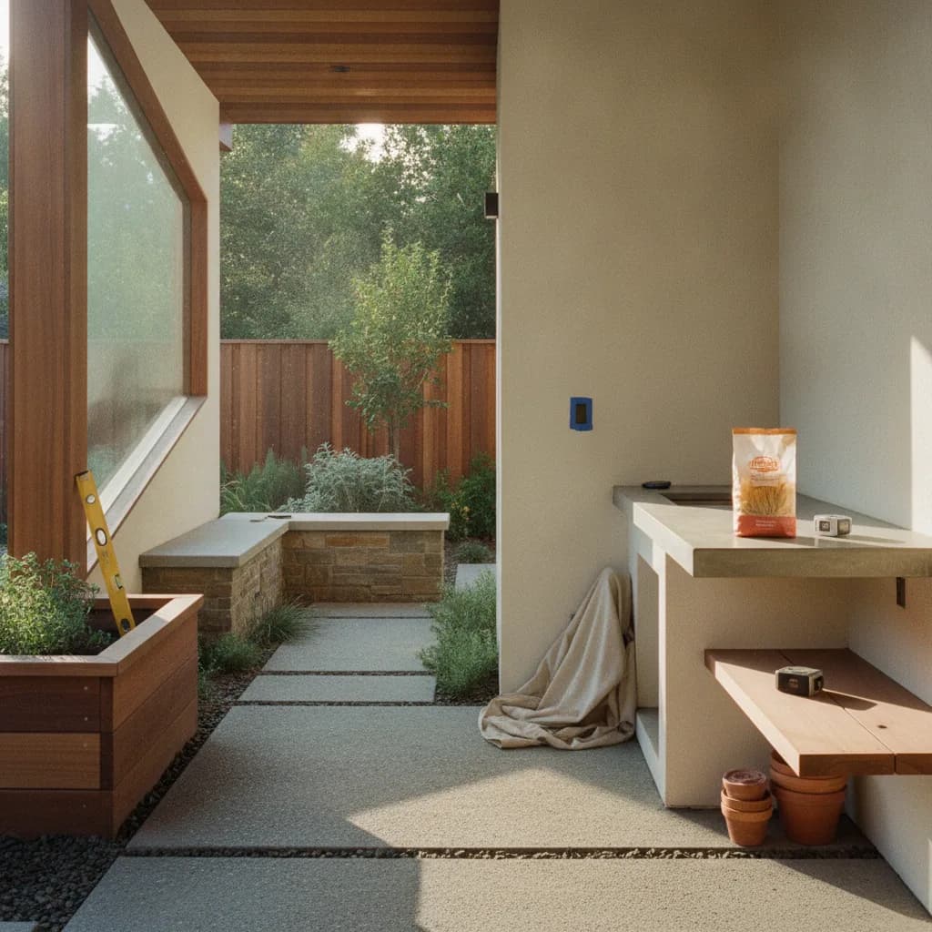 A modern Sacramento backyard with a concrete paver patio, drought-tolerant grasses, a cedar pergola, and an outdoor dining set under string lights.