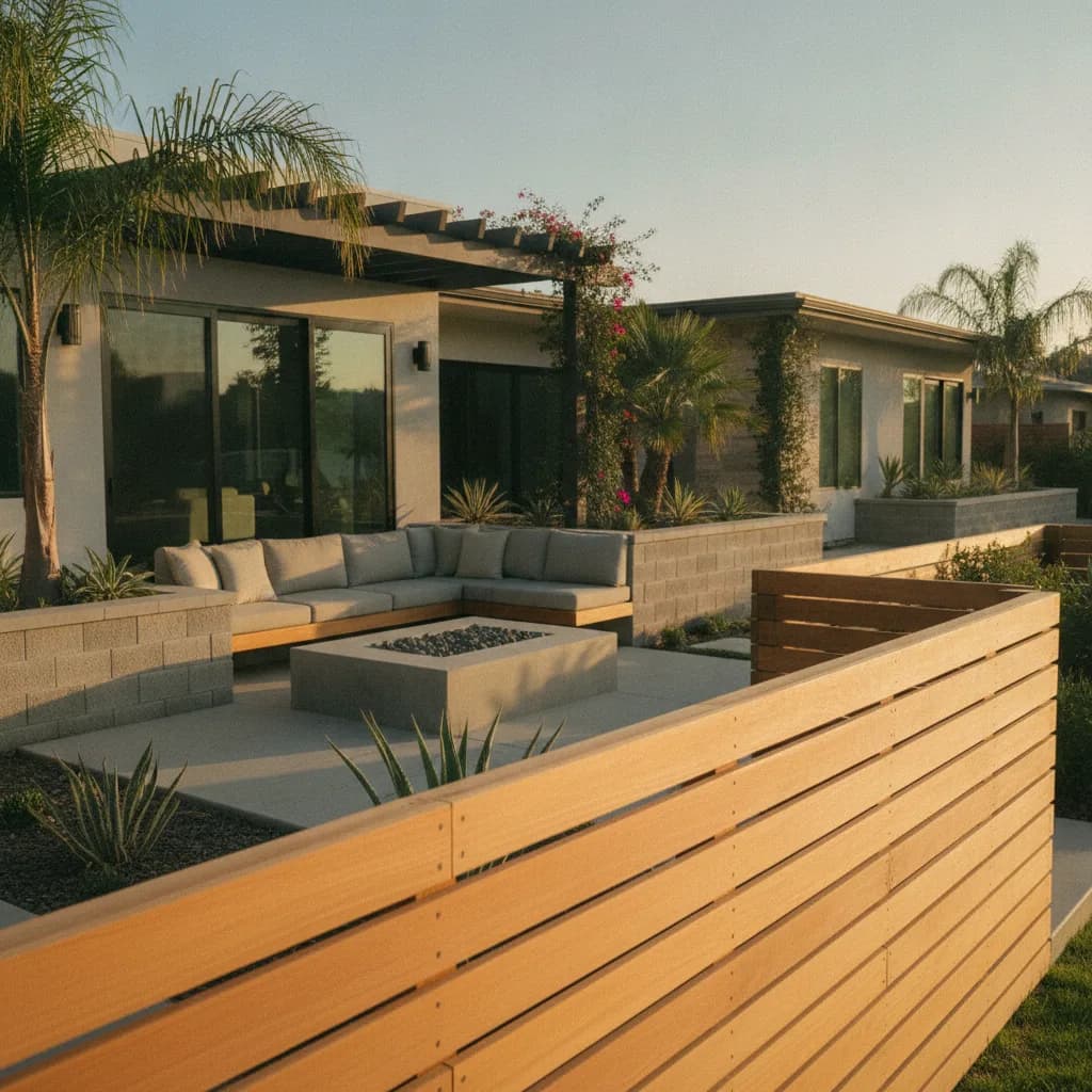A modern California outdoor living space with a sectional sofa, fire pit, and a prominent wooden slatted fence in the foregro